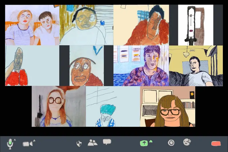 A grid of illustrated self-portraits on a video call, drawn by the storytellers.