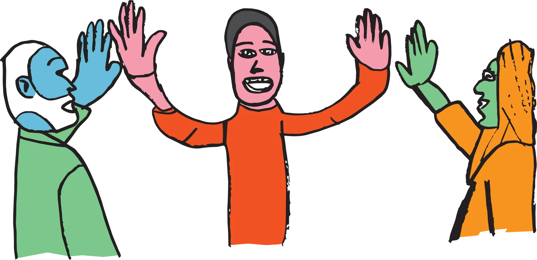 Four people in bright colors raise their hands for a high five.