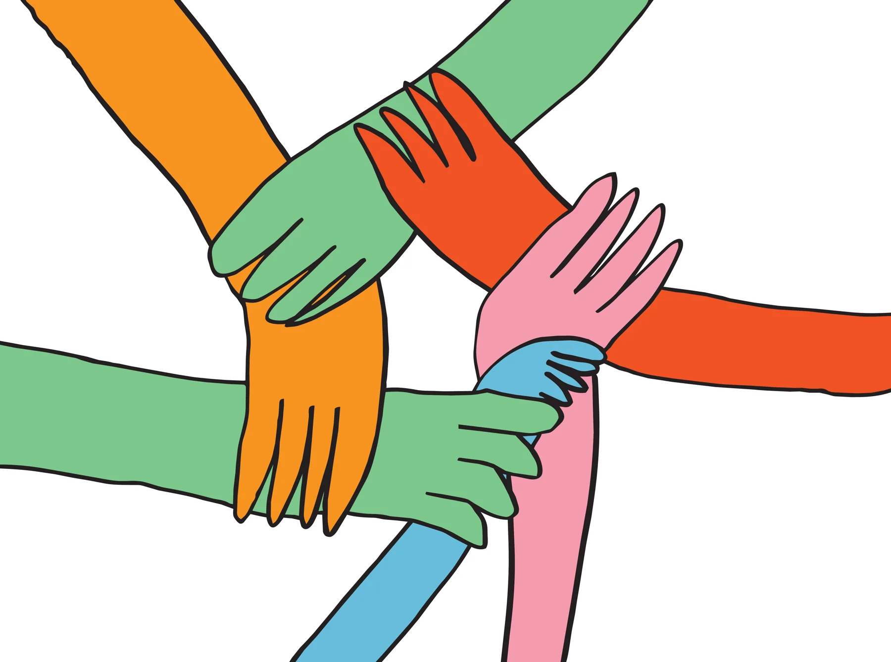 Four arms in different colors grip each other’s wrists in a square.