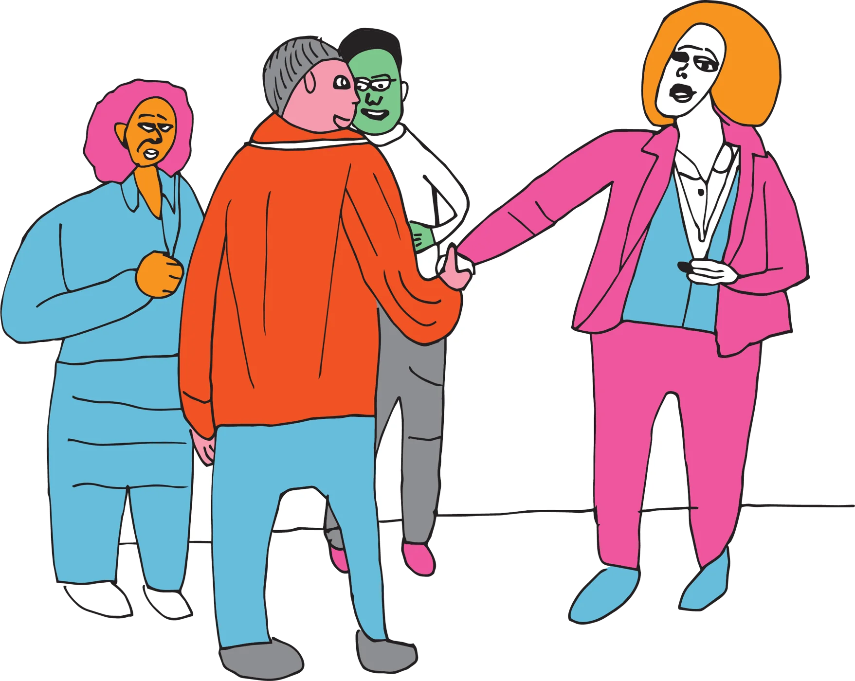 Four people in bright colors greet each other; one reaches out to shake hands.