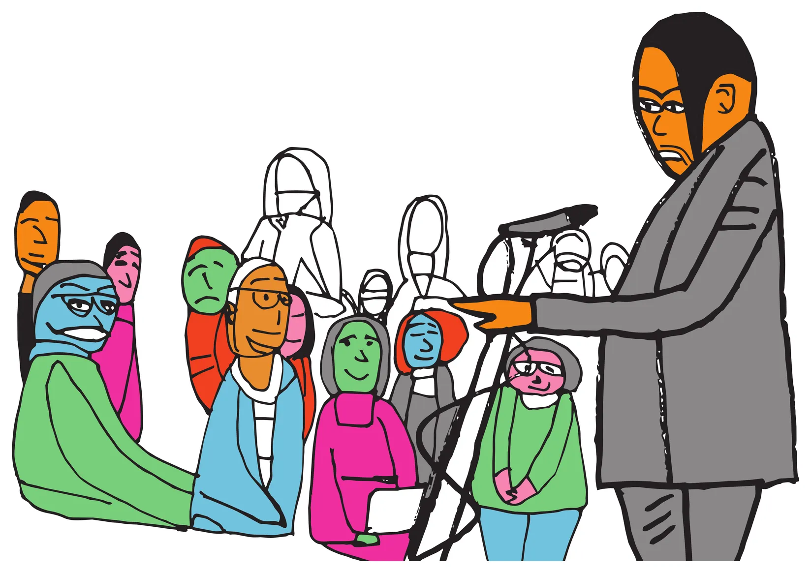 A speaker at a microphone stand addresses a group of people, some drawn in color and some left as outlines.