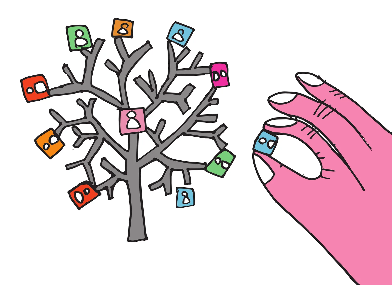 A gray tree with small colored profile pictures on its branches, and a large pink hand reaching in to place one more.