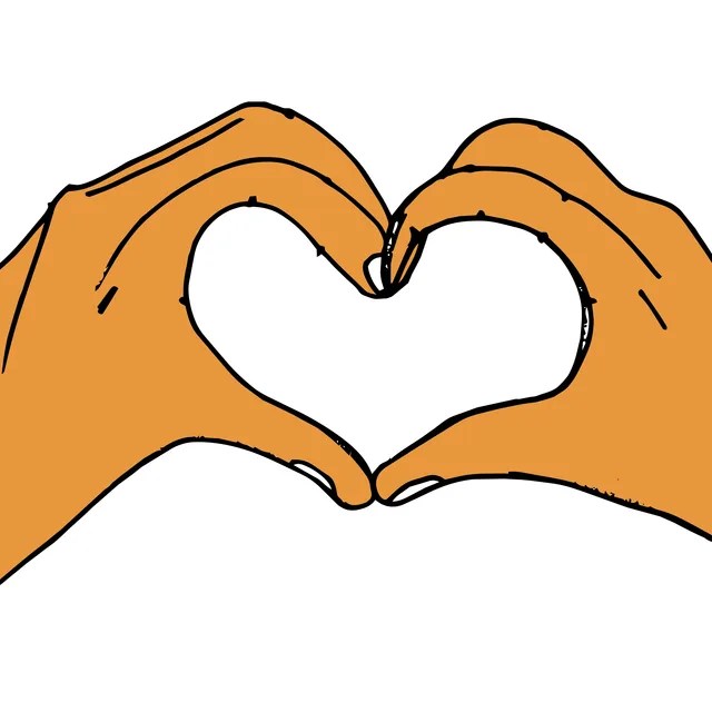 Two hands press their fingers and thumbs together to make a heart shape.