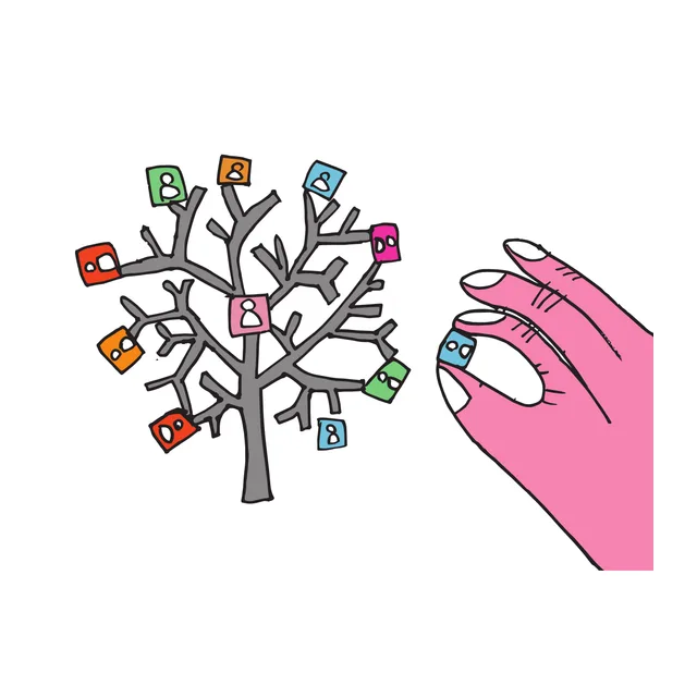 A gray tree with small colored profile pictures on its branches, and a pink hand placing one more.